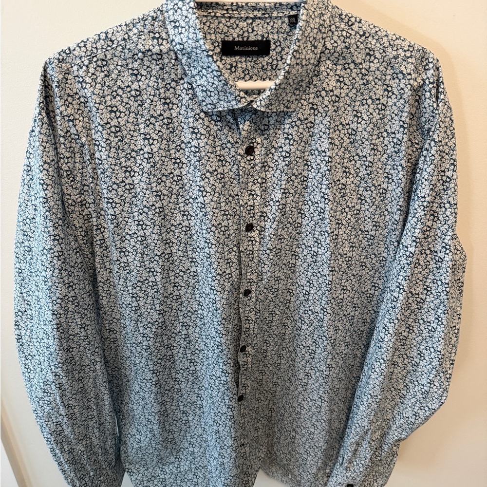 Men's Blue and White Floral Dress Shirt